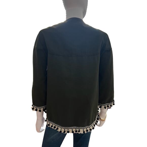 Zara Olive Army Green Twill Pom Pom 3/4 Sleeve Lightweight Jacket, XS - Picture 5 of 7